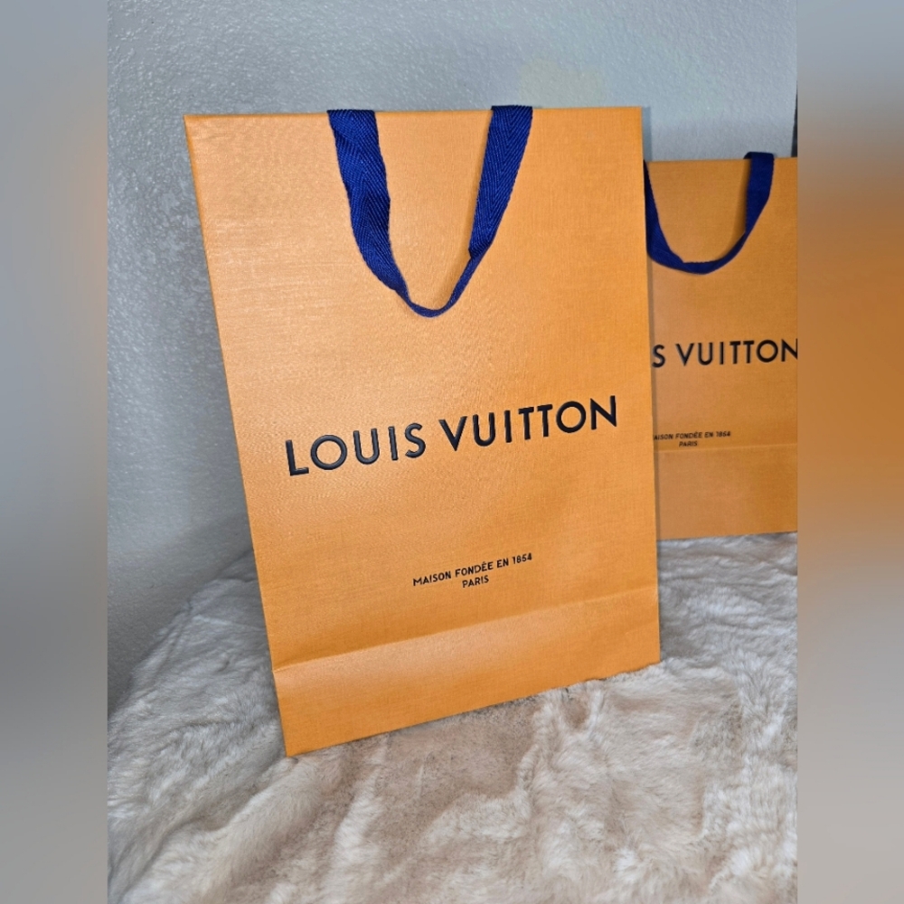 Louis Vuitton Orange Shopping Bag with Blue Handles